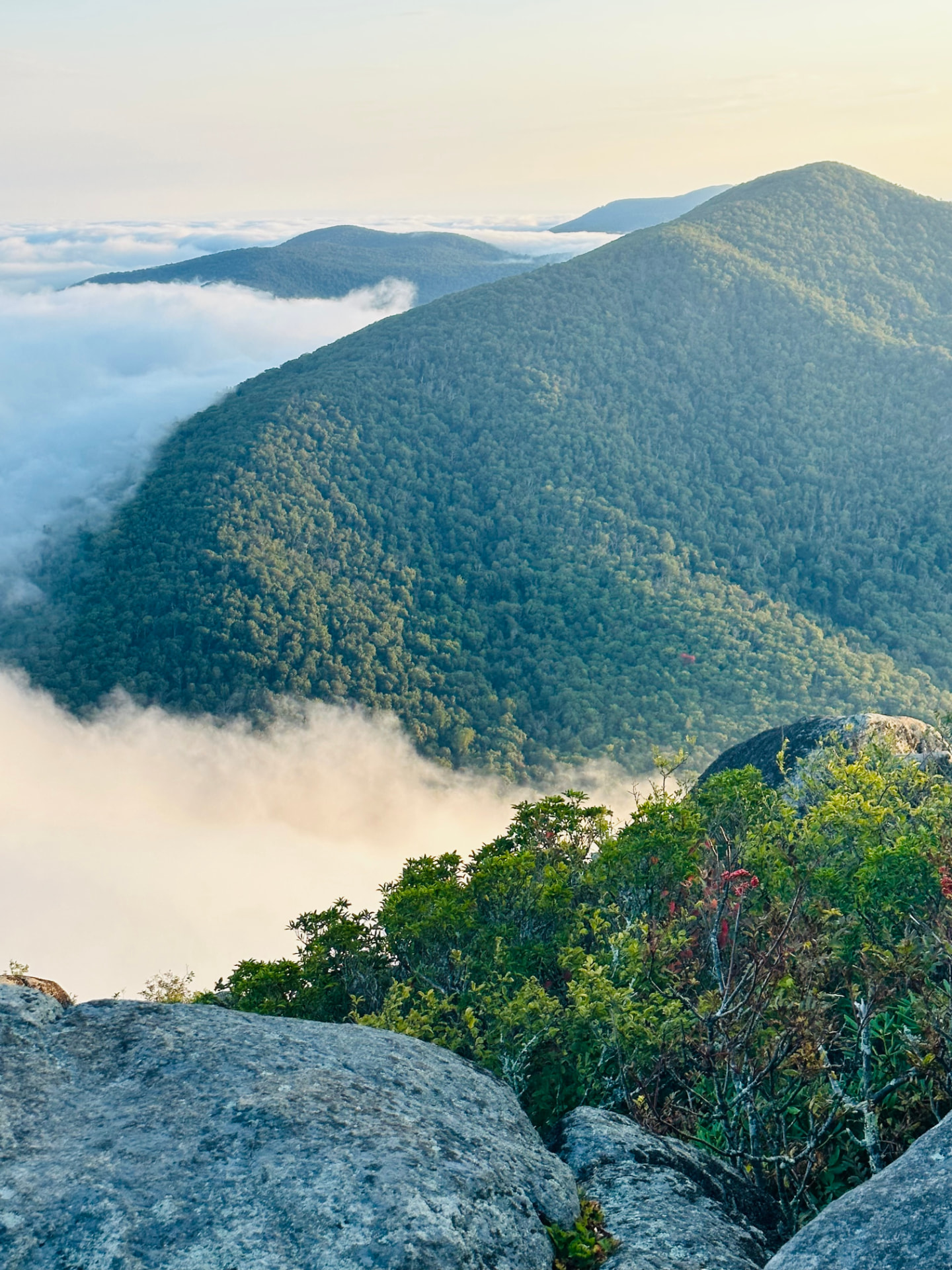 Mountain ridges rising through morning clouds